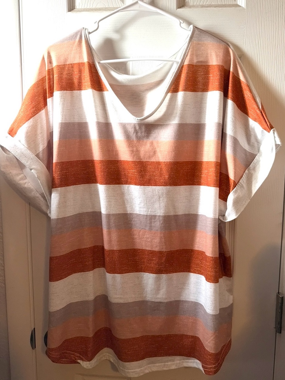 SHEIN Orange, White & Tan Striped Short Sleeve Blouse